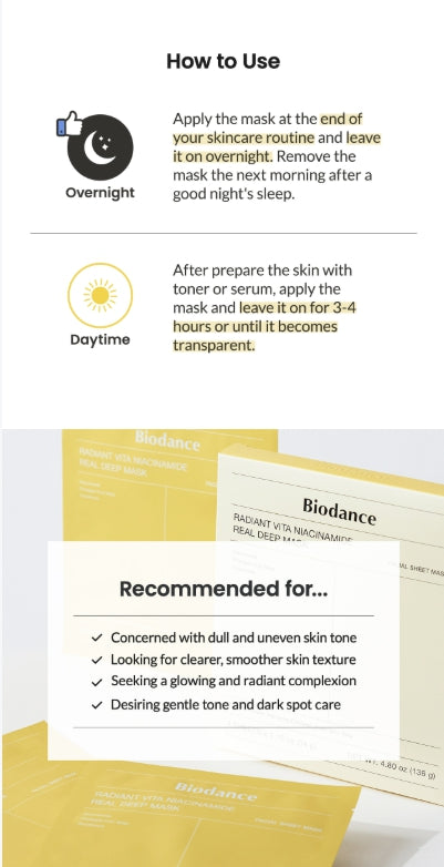 [BIODANCE] Radiant Vita Niacinamide Real Deep Mask | Brightening & Hydrating Hydrogel Sheet Mask | 4 Sheets