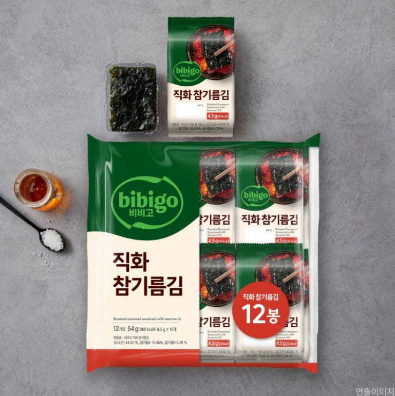 [bibigo] Charcoal-Roasted Sesame Oil Seaweed Sheets with Crispy Finish – 4.5 g × 12 Packs × 5 Sets