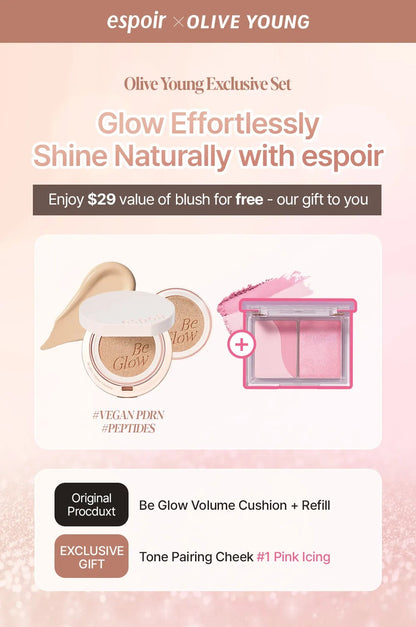 [espoir] Be Glow Volume Cushion Set with Refill &amp; Tone Pairing Cheek #Pink Icing | Vegan Radiant Finish