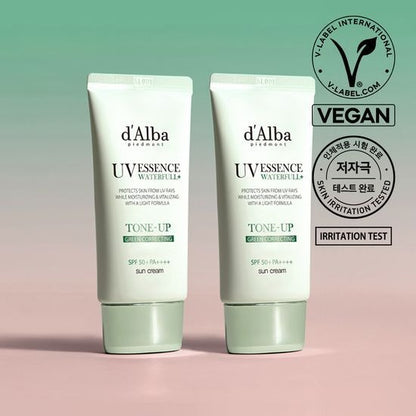 [d’Alba] UV Essence Waterfull Tone-Up Sun Cream Green Correcting Duo | 50ml + 50ml | SPF 50+ PA++++ Vegan Soothing Sunscreen