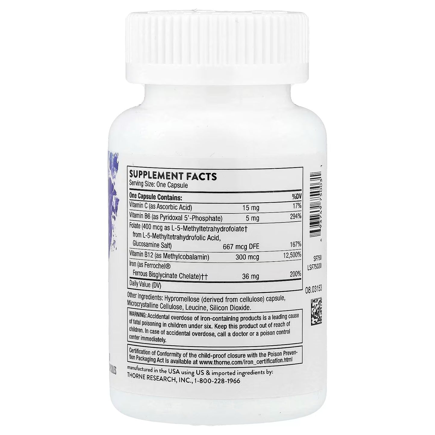 [Thorne] Ferrasorb Iron Complex with Vitamins C, B12 & Folate | 60 Capsules | Nutritional Support | GlowLab