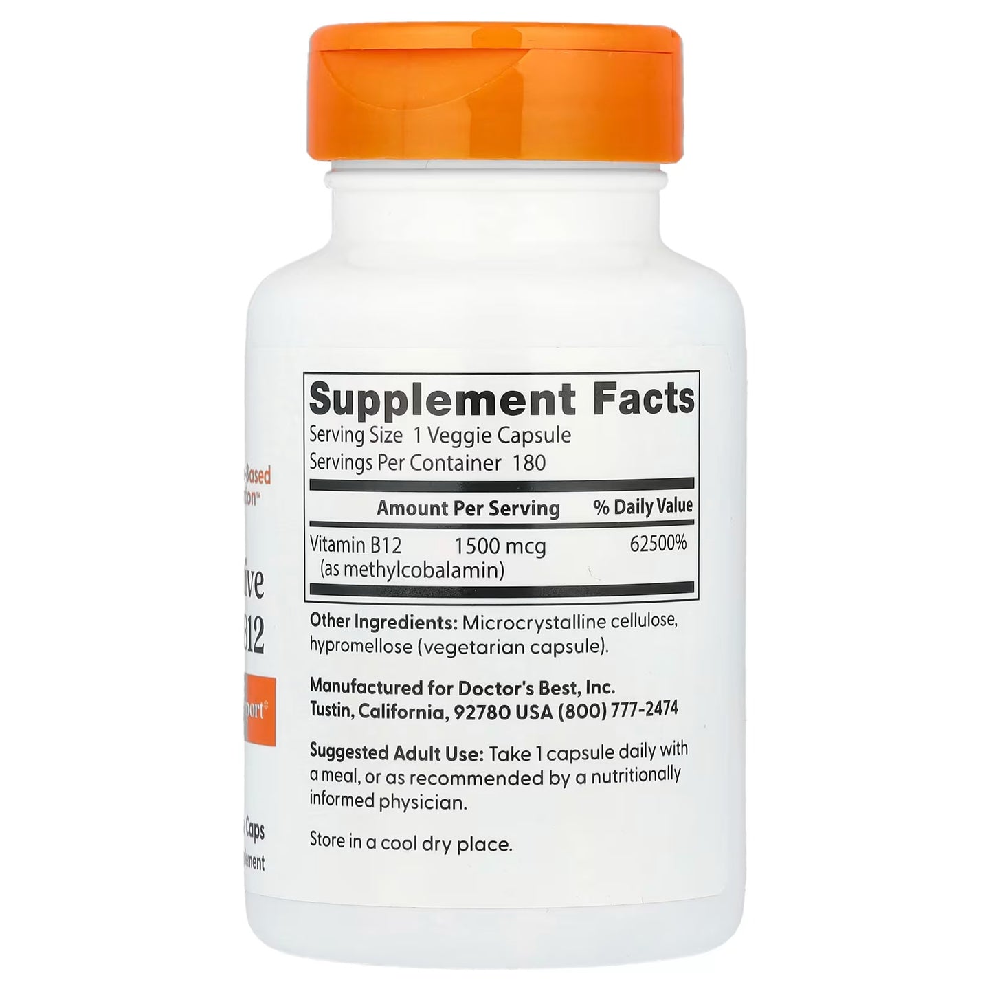[Doctor's Best] Fully Active B12 Methylcobalamin 1500 mcg | 180 Veggie Capsules