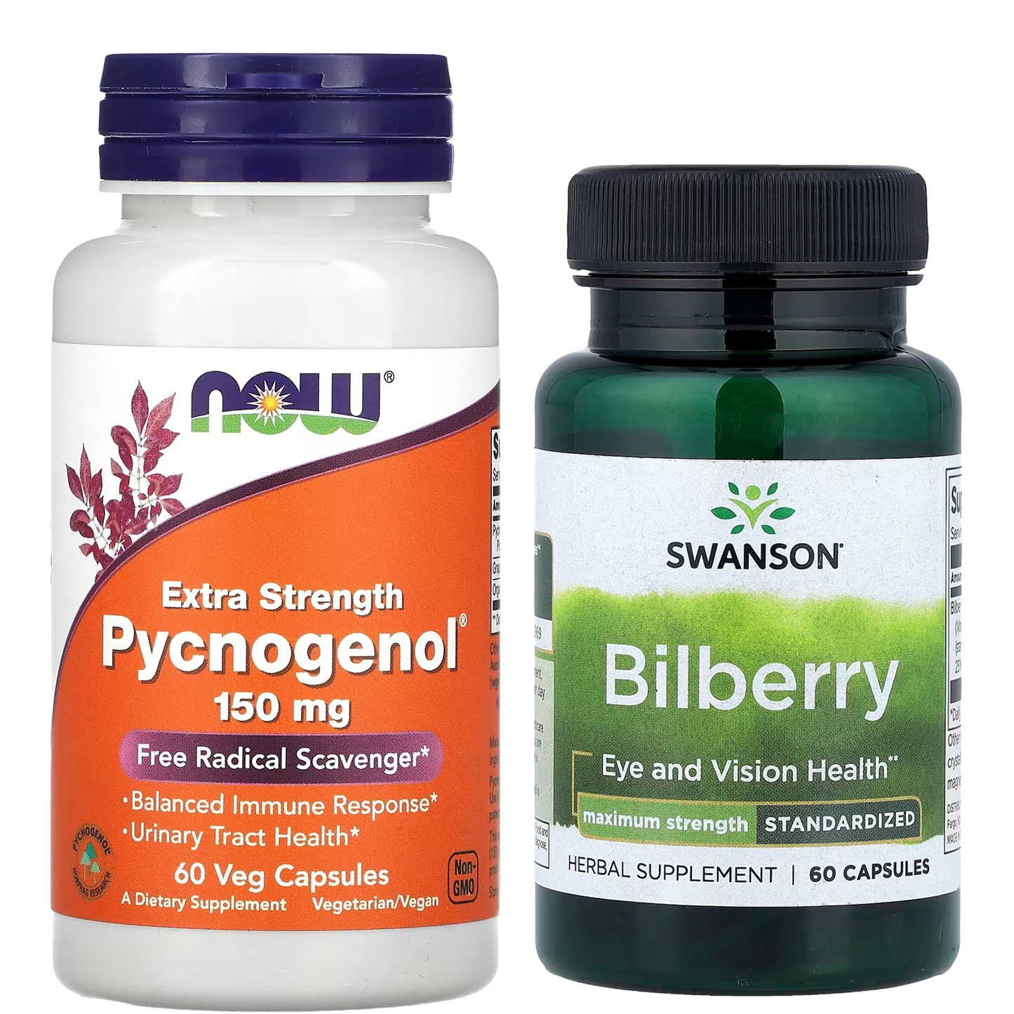 [NOW Foods + Swanson] Pycnogenol 150mg & Bilberry 250mg Set | Dietary Supplement | 60 + 60 Capsules | GlowLab
