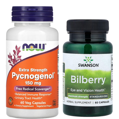 [NOW Foods + Swanson] Pycnogenol 150mg & Bilberry 250mg Set | Dietary Supplement | 60 + 60 Capsules | GlowLab