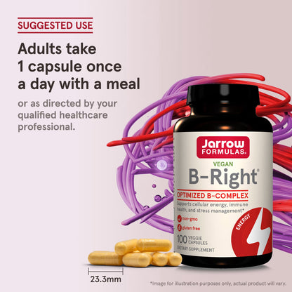 [Jarrow Formulas] Vegan B-Right B-Complex | Balanced B Vitamin Dietary Supplement | 100 Veggie Capsules