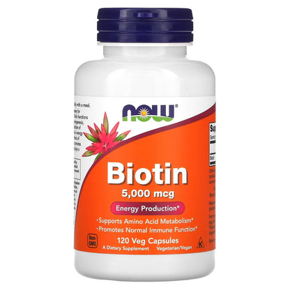 [NOW Foods] Biotin 10mg / 1000mcg / 5000mcg | Vegan Dietary Supplement | 60–120 Veg Capsules | GlowLab