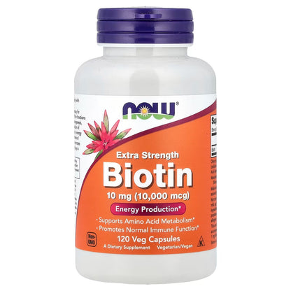 [NOW Foods] Biotin 10mg / 1000mcg / 5000mcg | Vegan Dietary Supplement | 60–120 Veg Capsules | GlowLab