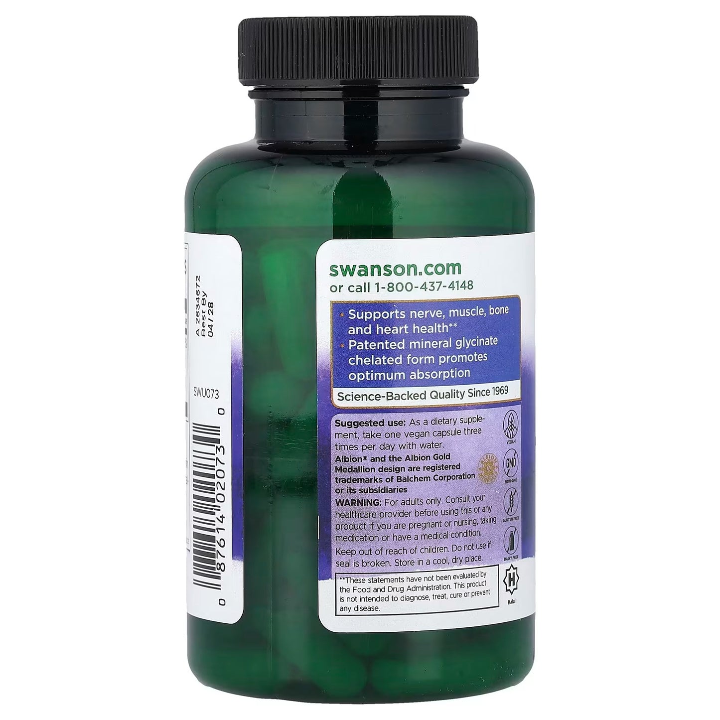 [Swanson] Magnesium Glycinate Albion Amino Acid Chelate | Dietary Supplement | 90 Vegan Capsules | GlowLab