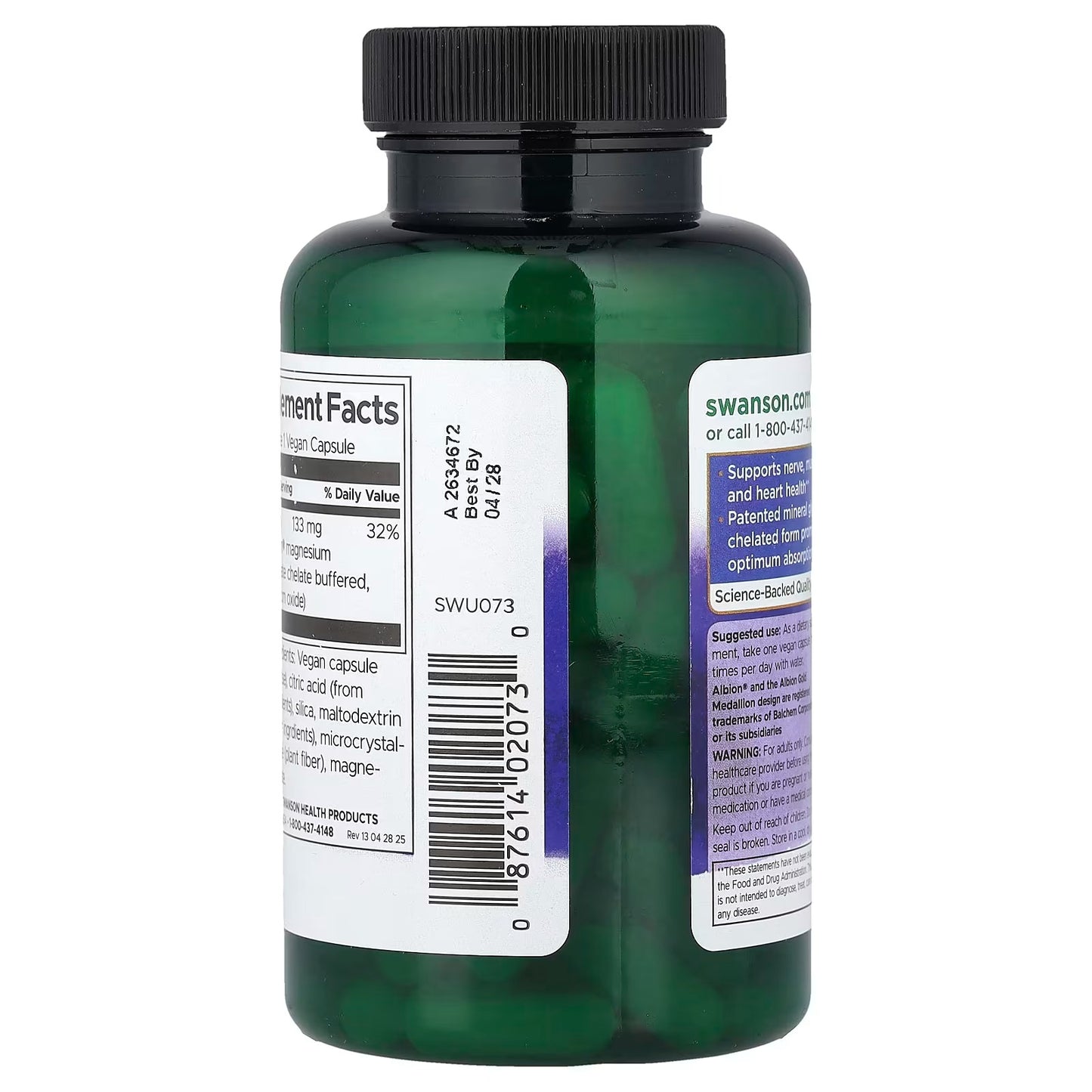 [Swanson] Magnesium Glycinate Albion Amino Acid Chelate | Dietary Supplement | 90 Vegan Capsules | GlowLab